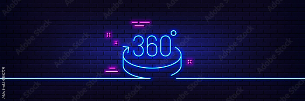 Neon light glow effect. 360 degrees line icon. VR simulation sign. Panoramic view symbol. 3d line neon glow icon. Brick wall banner. 360 degrees outline. Vector