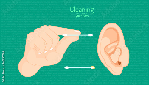 Vector of a hand holding cotton buds cleaning an ear against a green background photo