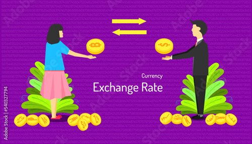 Vector of a male and female transferring money, concept of currency exchange rate