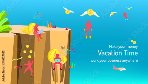 Vector of people making money on vacation, concept of managing business marketing anywhere