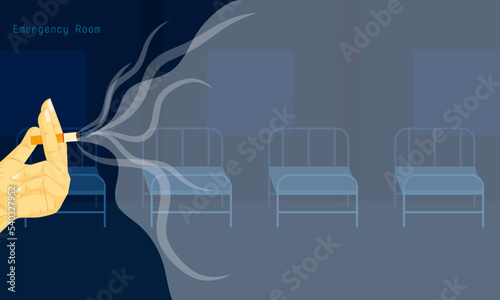 Vector of a hand holding cigarette smoke floating in the air in emergency room area