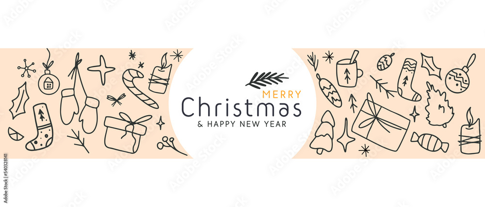 Horizontal Merry Christmas and Happy New Year border ornament with hand drawn winter element banner illustration