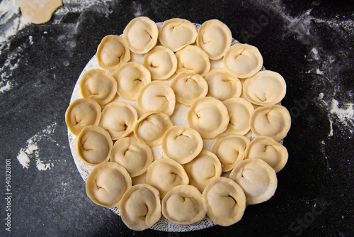 Photography Traditional cuisine. Meat dumplings. Top view. Home made.