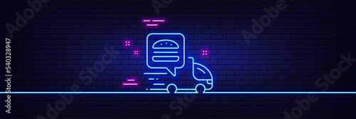 Neon light glow effect. Food delivery truck line icon. Contactless meal order sign. Grocery delivery symbol. 3d line neon glow icon. Brick wall banner. Food delivery outline. Vector