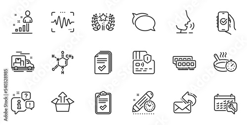 Outline set of Voice wave, Project deadline and Handout line icons for web application. Talk, information, delivery truck outline icon. Include Frying pan, Checklist, Approved app icons. Vector