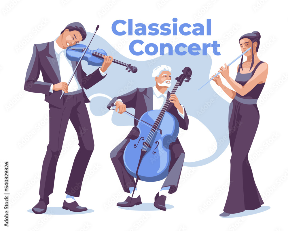 A group of classical or jazz music: a violinist, a cellist and a flautist. Dressed in elegant suits. Music concert, play or festival. Vector flat illustration.