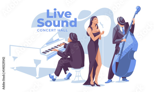Jazz, rockabilly or classical music group: female singer, pianist, double bass player, isolated on white background. Music concert, performance and festival. flat vector illustration