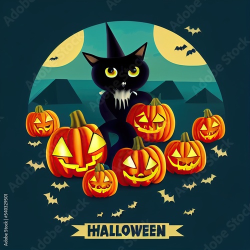 Scary creepy Happy Halloween pumpkins night scene background.