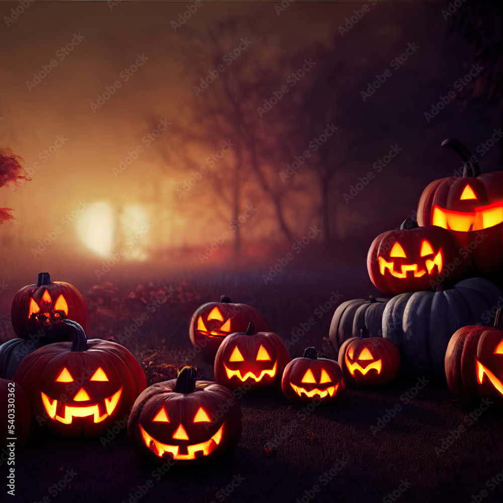 Scary creepy Happy Halloween pumpkins night scene background.