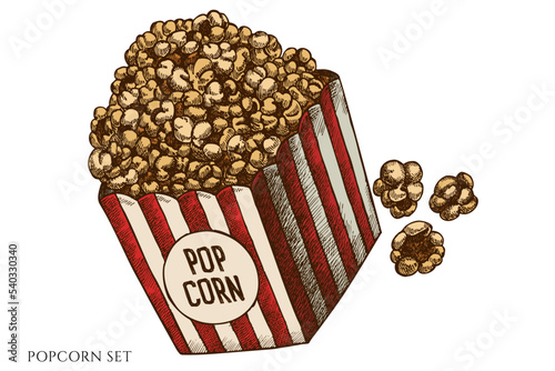 Carnival food hand drawn vector illustrations collection. Colored popcorn.