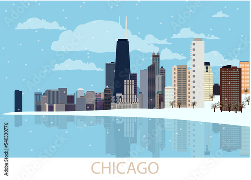 Snowing in Chicago city, America. Winter panorama of western city with nodern architecture, skyscrapers, frozen lake Michigan, Willis Tower, park. Cityscape. Vector illustration EPS10