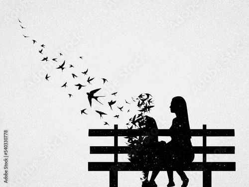 Loving couple on bench. Death and afterlife. Flying birds silhouette