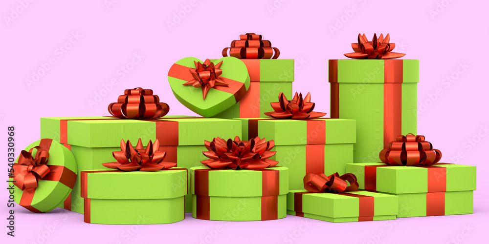 Obraz premium Gift boxes with ribbon and bow isolated on pink background. greeting design