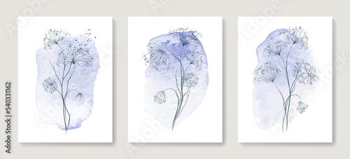 Art background with grass and flowers hand drawn in art line style with blue elements. Botanical print set for invitations, cover, wallpaper, poster, interior design, decor.