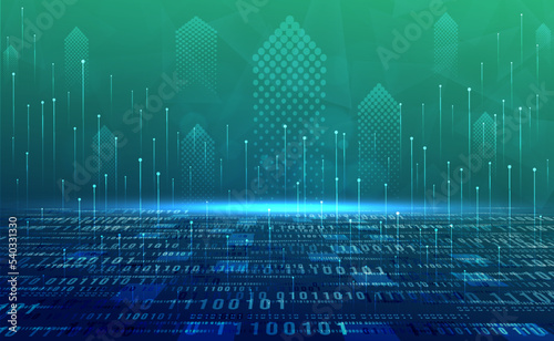 Digital technology banner green blue background, cyber technology circuit, abstract binary tech, innovation future data, internet network, Ai big data, futuristic wifi connection, illustration vector
