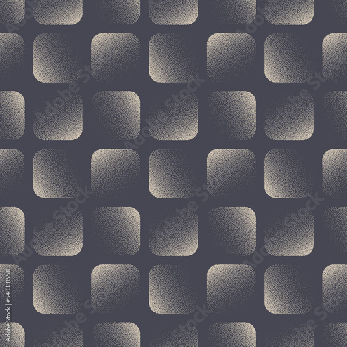 Tiles 50s 60s 70s Retro Style Dot Work Fine Seamless Pattern Vector Trendy Abstract Background. Graphic Rounded Squares Textile Design Dotwork Grainy Tileable Grey Texture. Half Tone Art Illustration