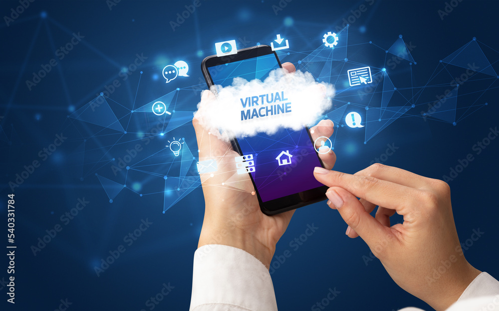 Hand using smartphone with cloud technology concept Hand using smartphone with cloud technology concept