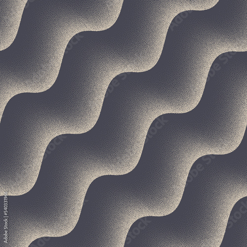 Smooth Wavy Layered Structure Stipple Seamless Pattern Vector Trendy Abstract Background. Psychedelic Liquid Rippled Structure Dot Work Grainy Repetitive Grey Texture. Halftone Art Modern Illustration