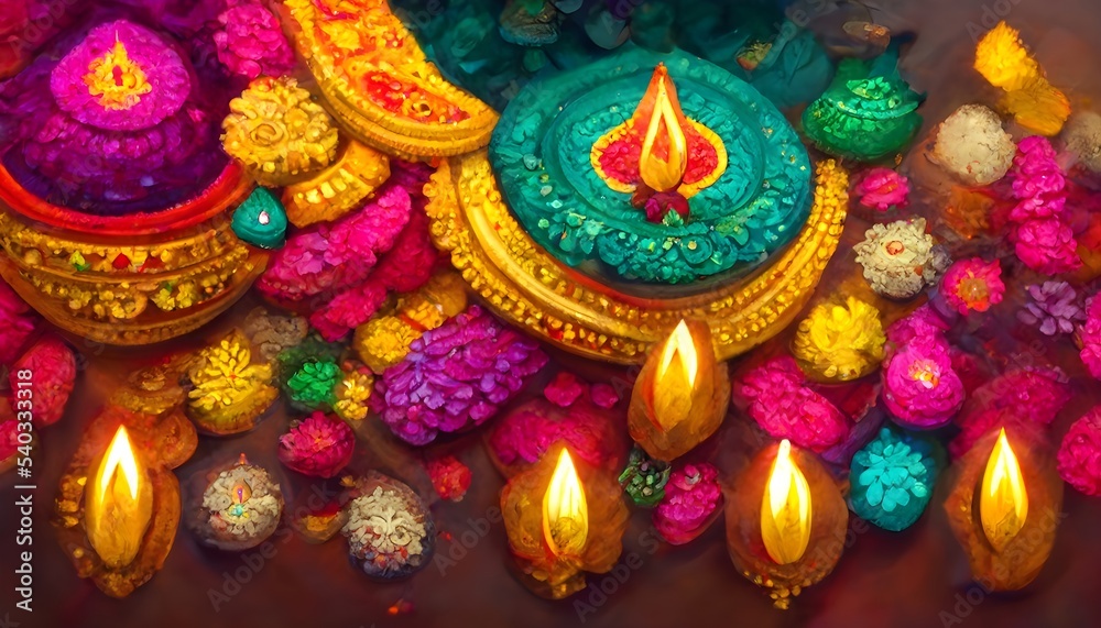 Happy diwali illustration. Festive diwali card. Design template with lamp, golden lights, colorful background.