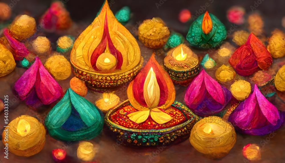 Happy Diwali. Indian festival of lights. Abstract flat illustration for the holiday, lights, objects for background or poster
