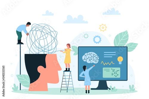 Neurology, scientific human brain research vector illustration. Cartoon tiny people examine and check huge abstract head with laboratory tools, scrutiny study and hospital analysis of scientists