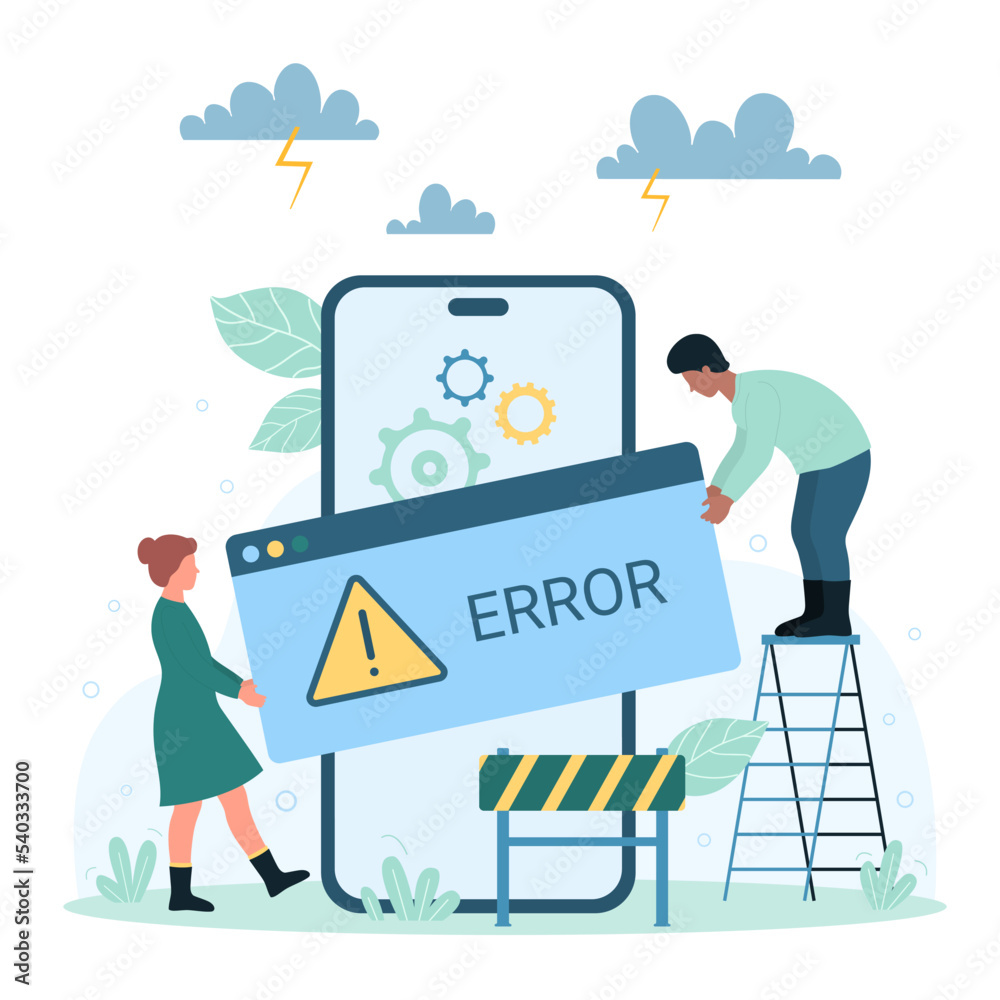 Maintenance service for phone software with system error vector illustration. Cartoon tiny people holding error message with warning sign, engineers work and fix failure and mistake in smartphone