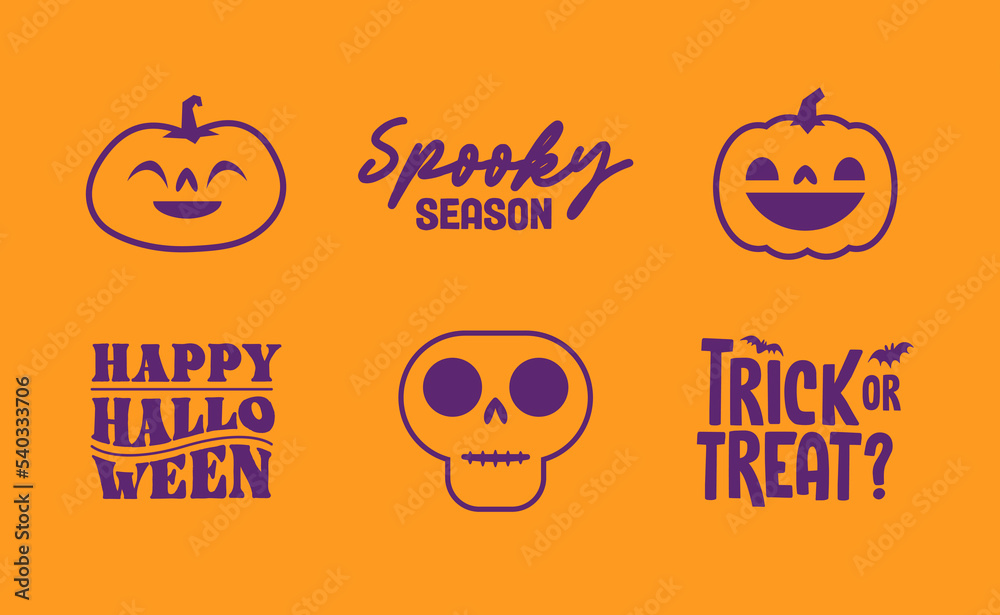 Naklejka premium Set of Halloween icons. Vector illustration. Carved pumpkins, skulls and bats. Trick or treat spooky design.