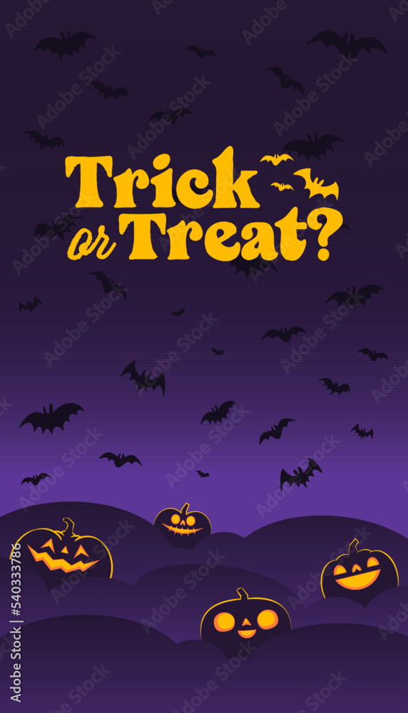 Halloween banner. Dark scene with shinning carved pumpkins. Vertical design for social media posts.