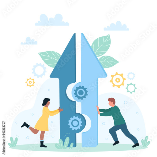 Business partnership, merger and connection of teams for progress vector illustration. Cartoon tiny people connect pieces and merge arrow puzzle with gears inside, making organization teamwork process