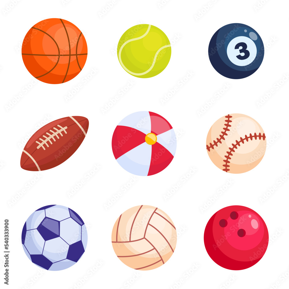 Sport balls. Soccer, basketball, tennis, billiard, football, golf, baseball, volleyball, billiard ball. Vector illustration.