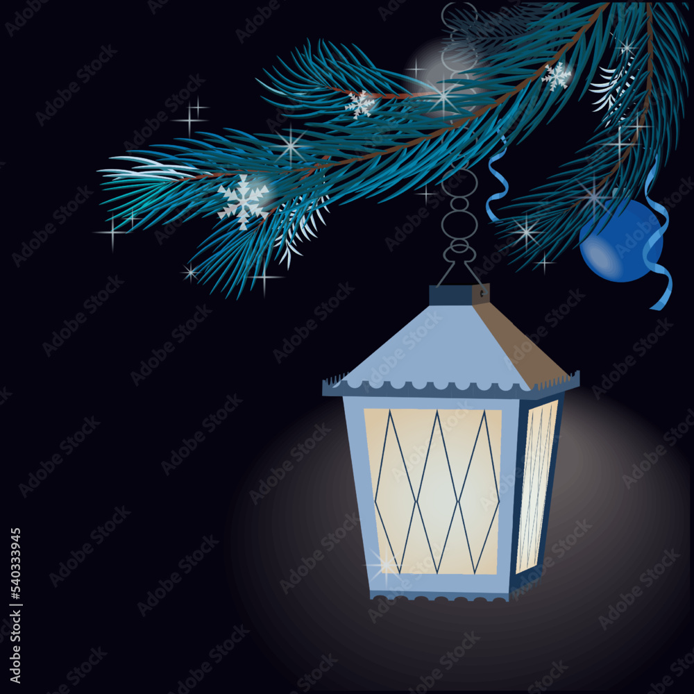 Hanging lantern with silver, blue, white christmas decorations on black background. Vector illustration