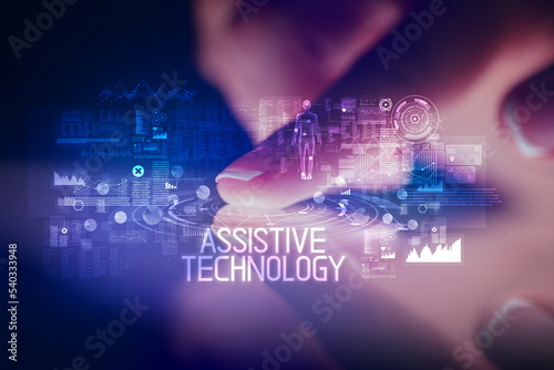 Finger touching tablet with web technology icons concept