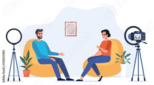 Two bloggers recording video. Adult persons having an emotional conversation on camera. Social media network process. Friends making content for their channel. Camera, ring light on tripods. Vector.