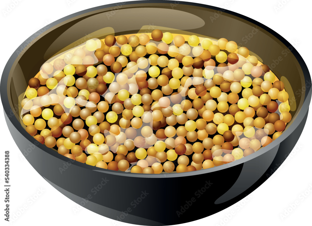 Black ceramic sauce pot with bright yellow-hot mustard sauce with whole mustard seeds Black ceramic sauce pot with bright yellow-hot mustard sauce with whole mustard seeds