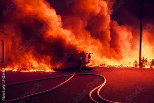 3D Illustration, Digital Art, Close-up on an asphalt with fire in the background