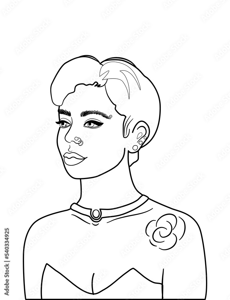 Line art portrait of young hipster woman with short hair, piercings and tattoo. Beautiful girl vector illustration isolated on white background. Line art portrait of young hipster woman with short hair, piercings and tattoo. Beautiful girl vector illustration isolated on white background.