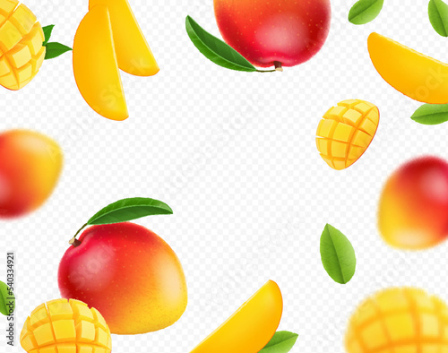 Mango falling background. Tropical fruit with blur effect. Defocused mango slices and leaves.