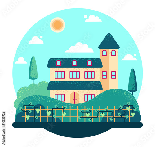 Big house with a tower in the vineyard - vector cartoon illustration.