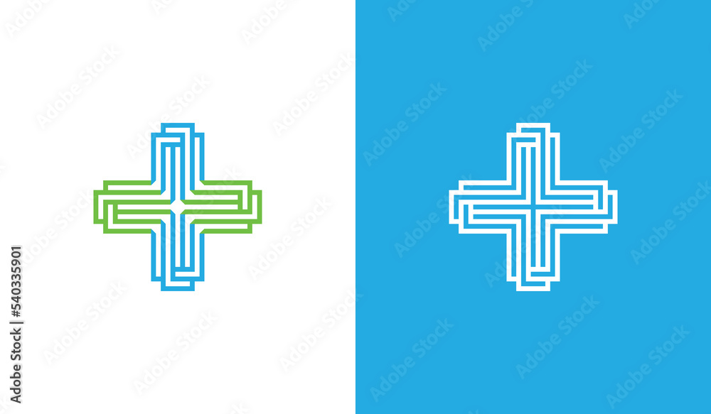 Fototapeta premium Plus Cross Logo Concept symbol sign icon Element Design Line Art Style. Health Care, Medical Logotype. Vector illustration template