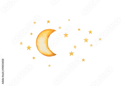Cute Night Moon Stars Watercolor. Night Sky with Lot of Shiny Stars. Vector illustration. Hand Drawn illustration. baby shower invitation card.