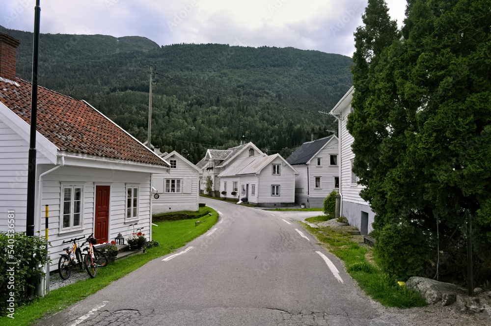 Laerdalsoyri, Norway - Street with old wooden houses. A UNESCO historical monument in Norway.