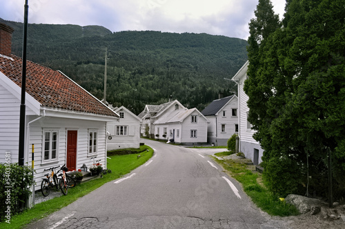 Laerdalsoyri, Norway - Street with old wooden houses. A UNESCO historical monument in Norway. photo