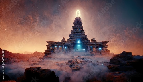 Ancient space architecture. Dark night fantasy landscape  light portal  stone structure. Neon light  rays  unknown planet. 3D illustration