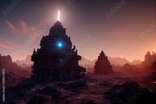 Ancient space architecture. Dark night fantasy landscape, light portal, stone structure. Neon light, rays, unknown planet. 3D illustration © Terablete