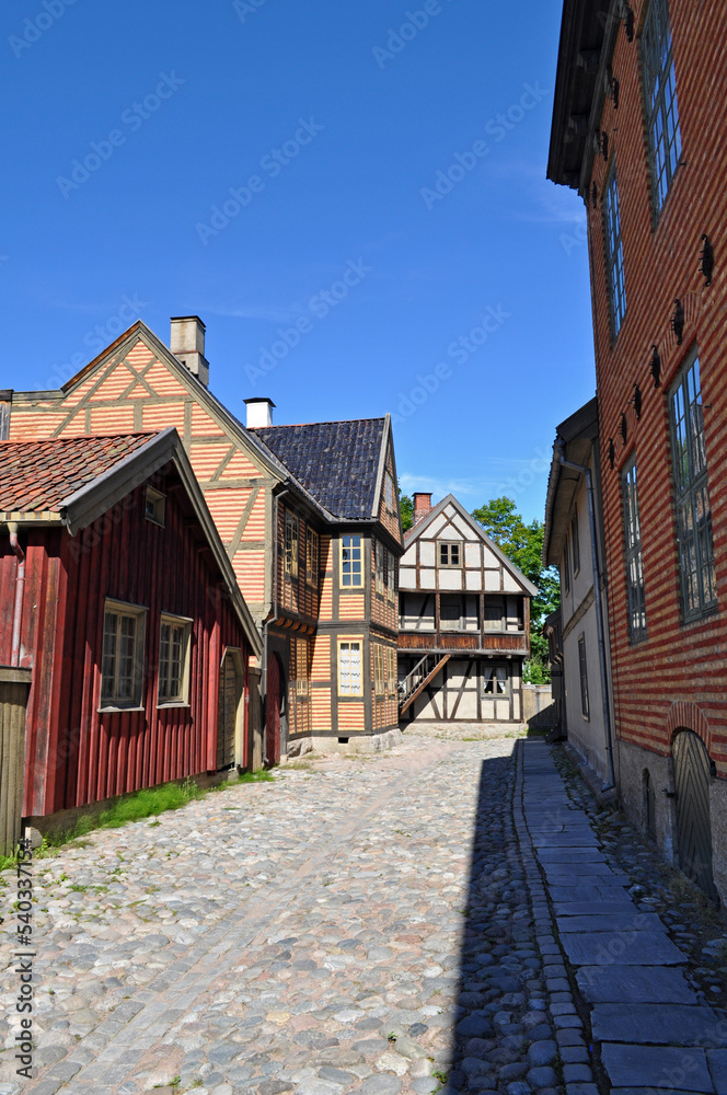 Oslo, Norway - Old wooden and brick buildings on Bygdoy peninsula. Norwegian open-air museum in Oslo.