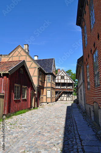Oslo  Norway - Old wooden and brick buildings on Bygdoy peninsula. Norwegian open-air museum in Oslo.