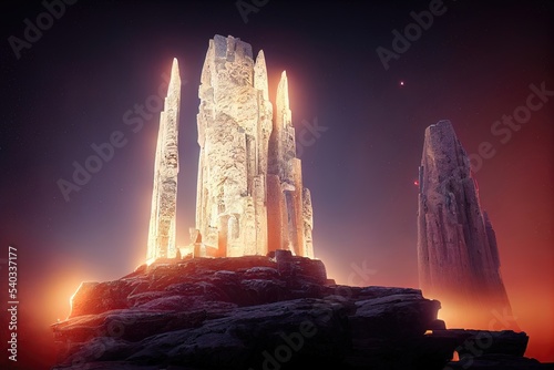 Ancient space architecture. Dark night fantasy landscape, light portal, stone structure. Neon light, rays, unknown planet. 3D illustration photo