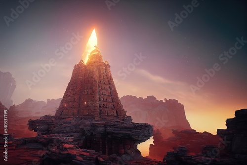 Ancient space architecture. Dark night fantasy landscape  light portal  stone structure. Neon light  rays  unknown planet. 3D illustration