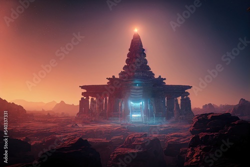 Ancient space architecture. Dark night fantasy landscape  light portal  stone structure. Neon light  rays  unknown planet. 3D illustration