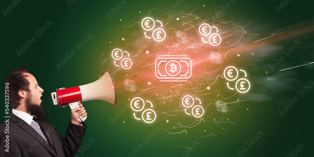 Young person with megaphone and currency icon Young person with megaphone and currency icon